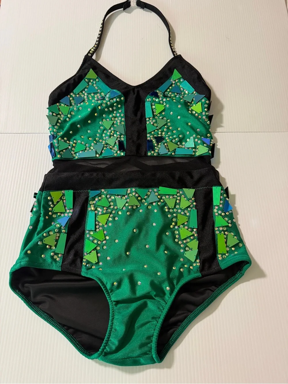 Glamour solo dance costume green embellished jazz acro contemporary SA adult
